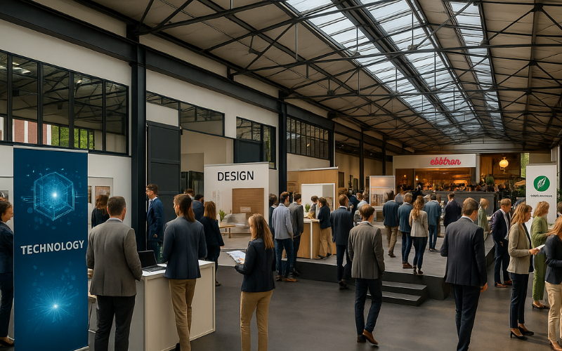 Moderne Hausmesse im lichtdurchfluteten Ebbtron Atrium in Solingen mit Messeständen zu Technologie, Design, Nachhaltigkeit und Innovation. Besucher in Business-Kleidung erkunden die Ausstellung, während im Hintergrund der Loungebereich mit der Ebbtron-Bar sichtbar ist. Industrielles Ambiente mit Glasdach, Stahlträgern und offener Architektur – Eventlocation im Bergischen Land.