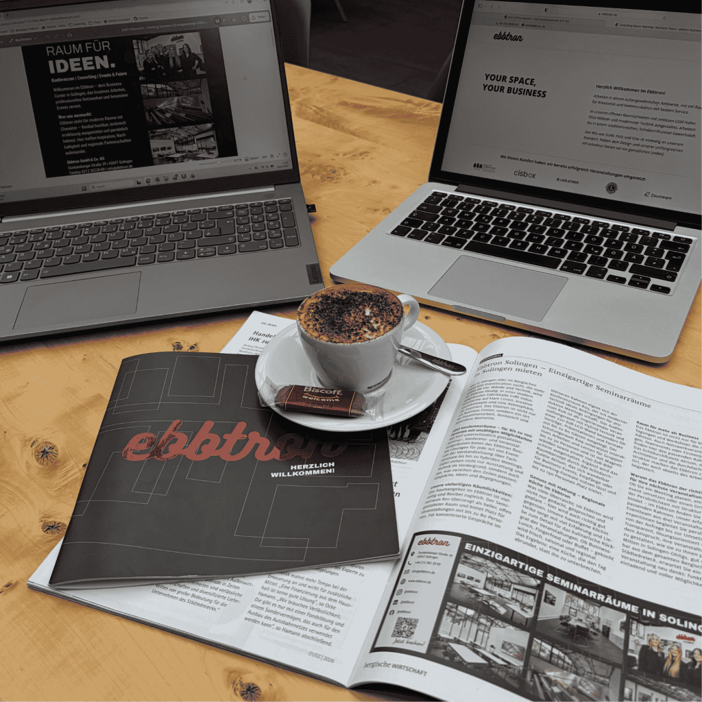 Kreatives Meeting im ebbtron Business Center Solingen – Praktikantin Elza sammelt praxisnahe Erfahrungen im Arbeitsalltag und Teamwork